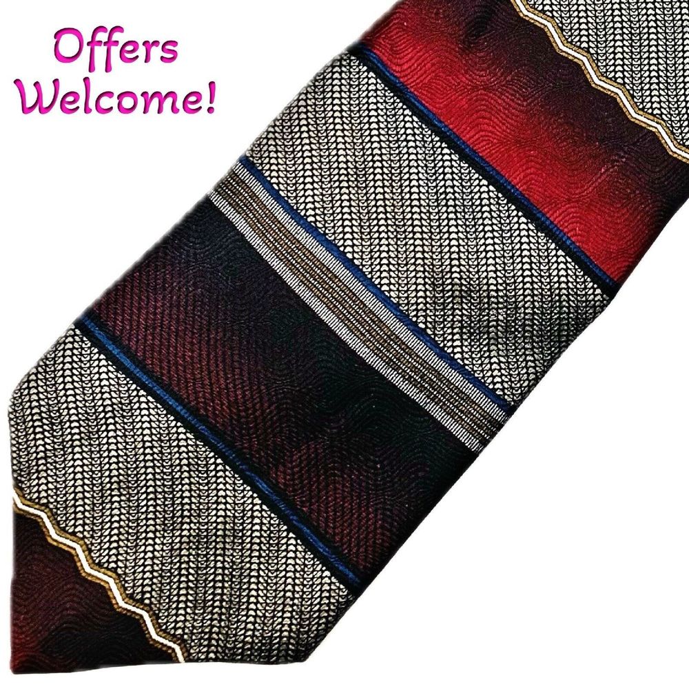 Vintage 1990s Bellini 100%‎ Silk Tie Burgundy Red Gray Blue Striped Necktie NWT